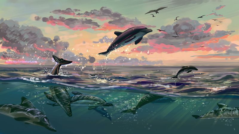 dolphins, jump, water, art, sea, 4k