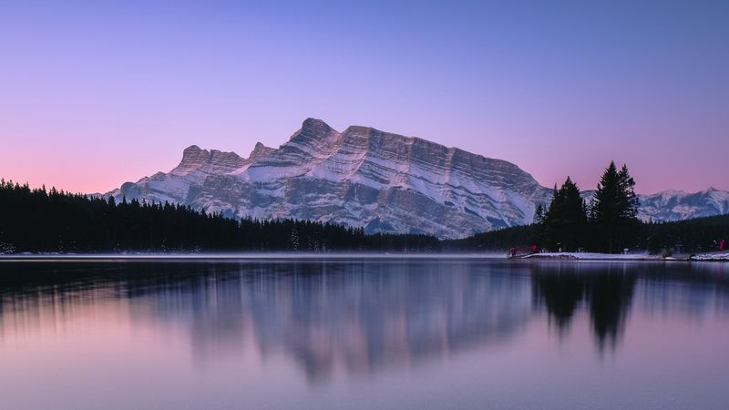 mountains, lake, sunset, shore, 4k