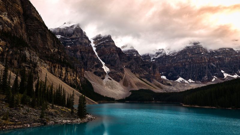lake, mountains, coast, mountain range, landscape, 4k