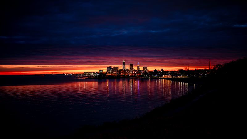 night city, buildings, architecture, sunset, water, 4k