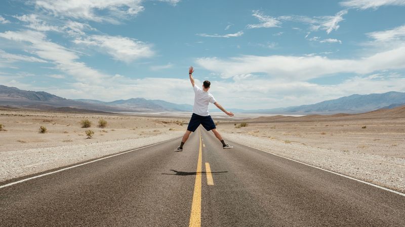 man, jump, levitation, road, desert, 4k