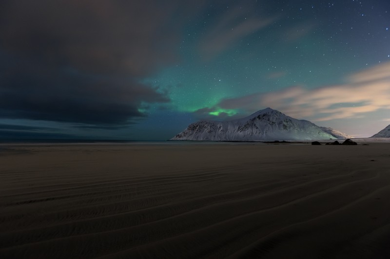 aurora, northern lights, mountains, sand, landscape, nature, hd, 4k
