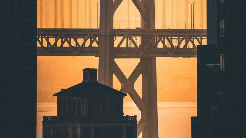 bridge, buildings, architecture, dark, dusk, 4k