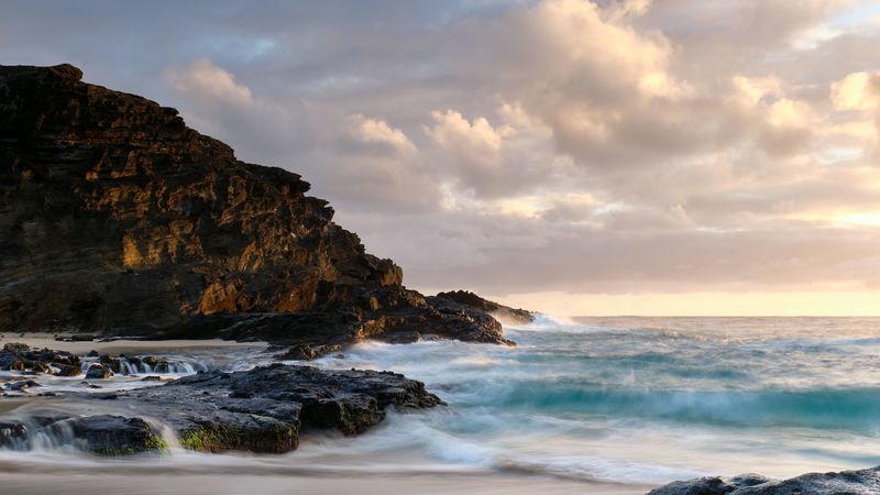 ocean, surf, rocks, shore, sand, 4k