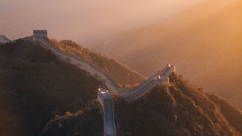 mountains, wall, aerial view, sunlight, landscape, china, 4k