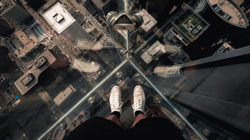 buildings, aerial view, lift, transparent, glass, overview, 4k