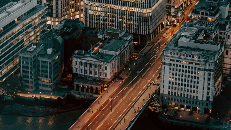 city, aerial view, buildings, bridge, architecture, urban, 4k