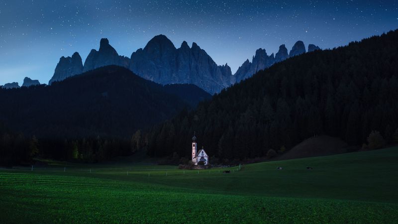 mountains, lawn, night, building, landscape, 4k