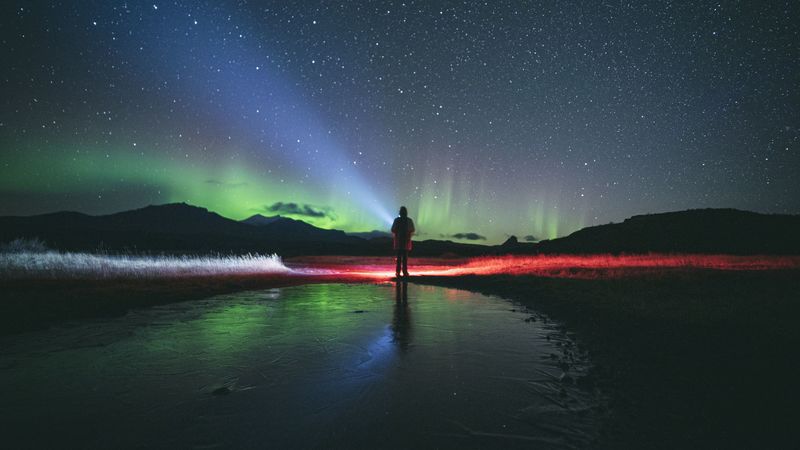 night, northern lights, silhouette, dark, starry sky, 4k
