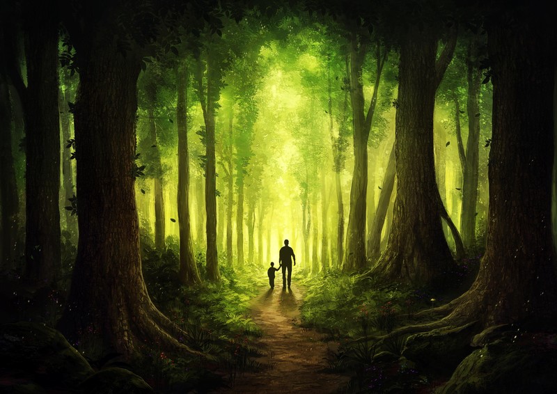 artist, artwork, digital art, hd, deviantart, forest, child, father