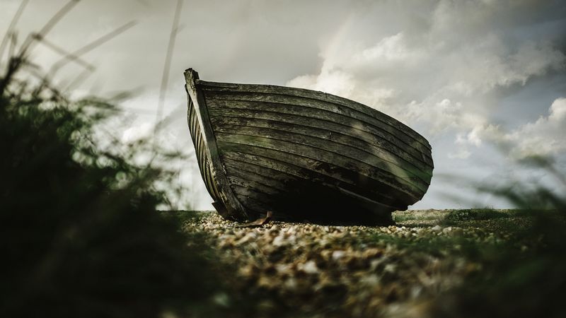 boat, wooden, shore, 4k