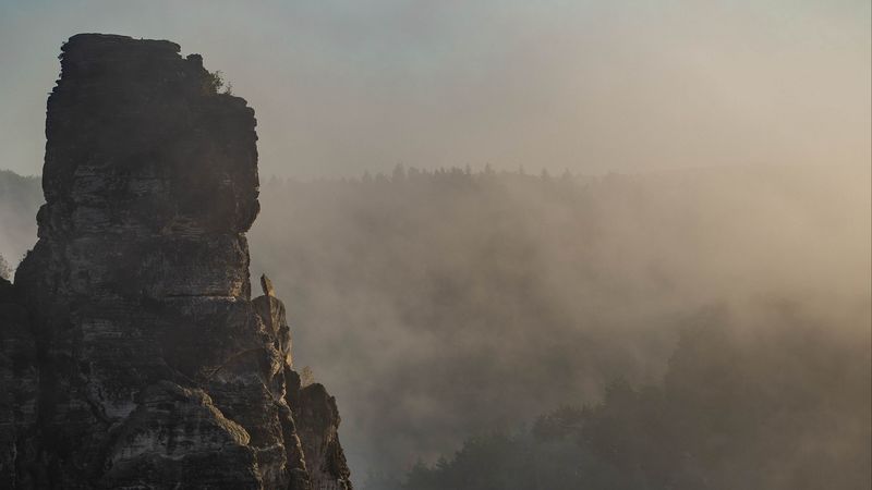 rock, peak, fog, trees, landscape, 4k