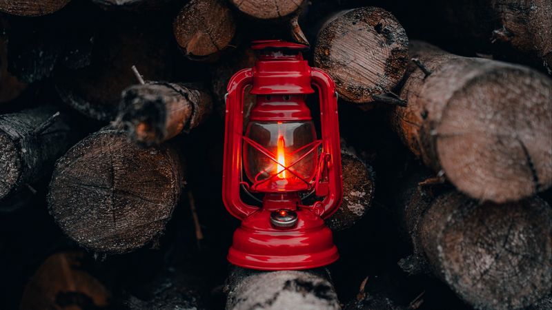 lantern, red, firewood, fire, light, 4k
