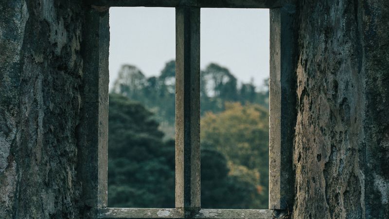 window, walls, old, gray, view, 4k