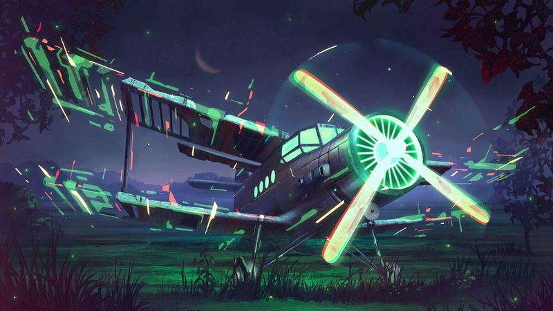 airplane, propeller, art, glow, night, 4k