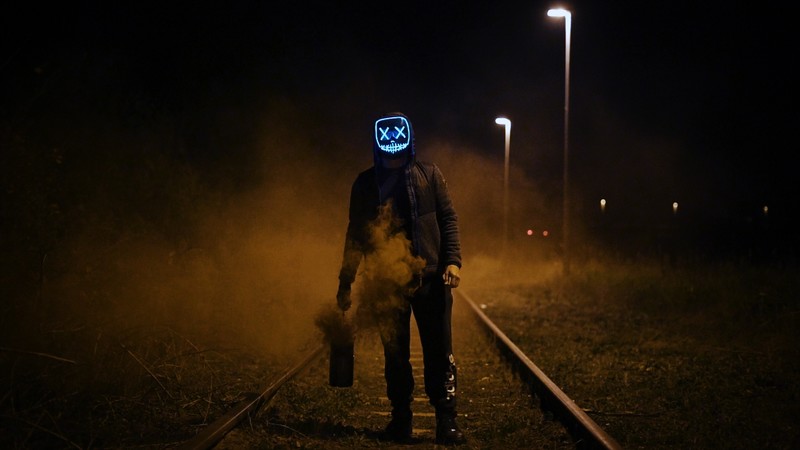 mask, photography, man, railroad, smoke, hd, 4k