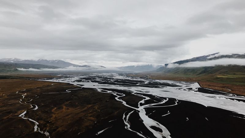 river, aerial view, landscape, valley, mountains, clouds, 4k
