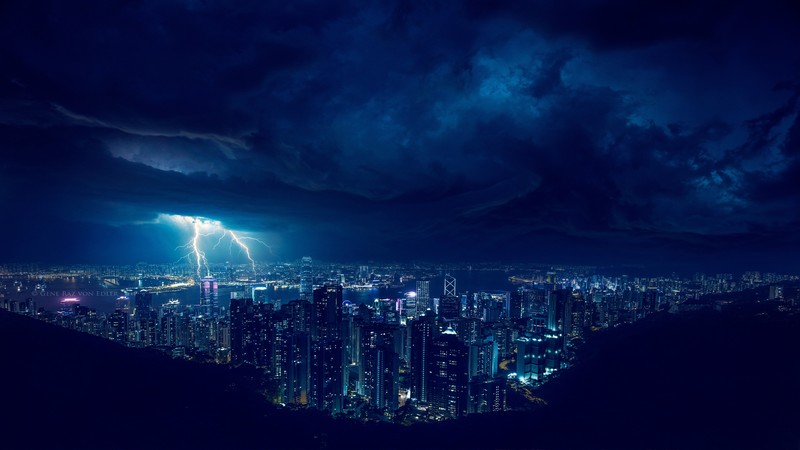 lightning, city, storm, night, photography, blue, hd, 4k