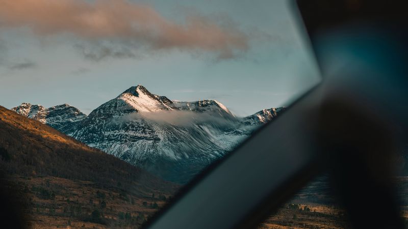 mountains, landscape, view, car, overview, 4k