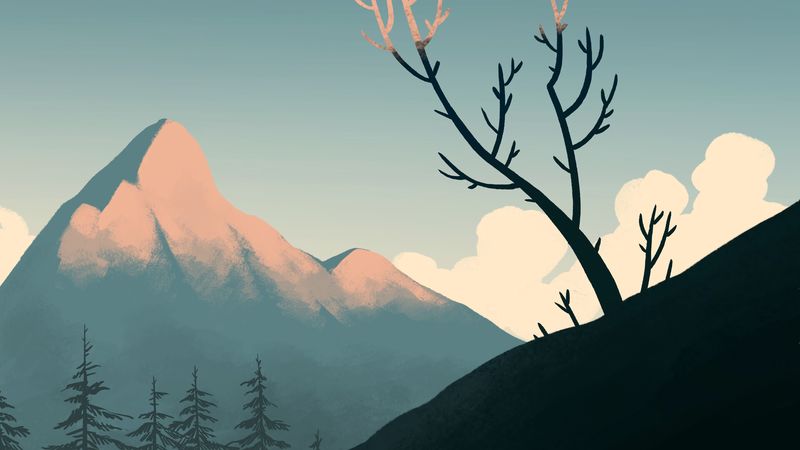 mountain, peak, spruce, trees, art, 4k