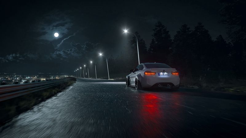 car, road, night, asphalt, wet, dark, 4k