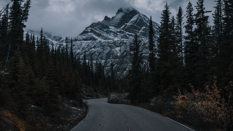road, mountain, trees, clouds, landscape, 4k
