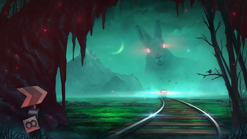 train, rabbit, illusion, night, art, 4k