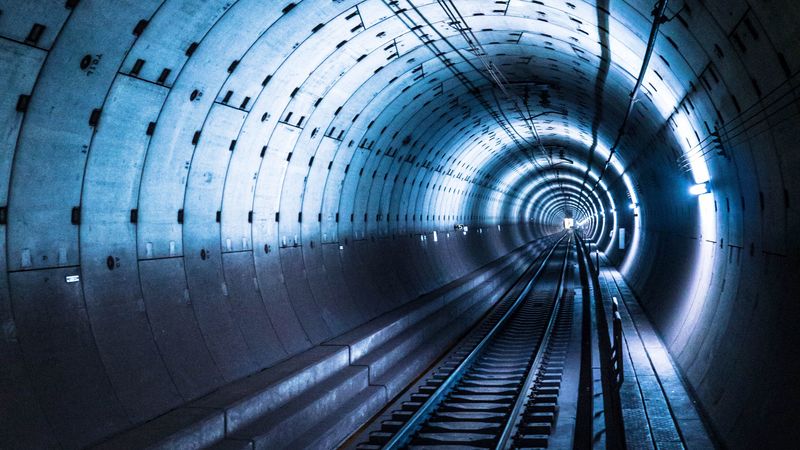 tunnel, metro, underground, rails, lights, 4k