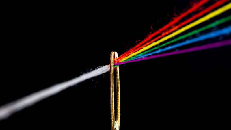 needle, thread, rainbow, multicolored, refraction, 4k