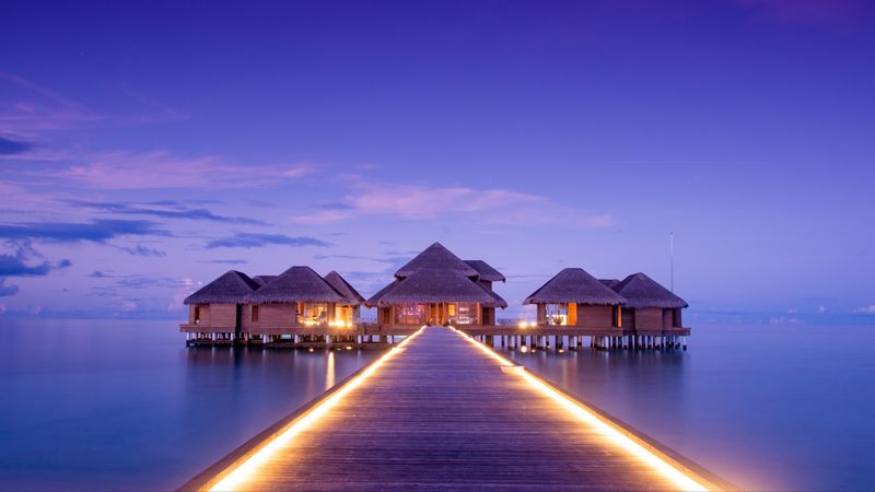 pier, bungalow, buildings, backlight, ocean, 4k