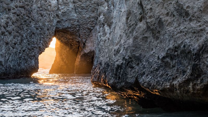 cave, rock, sunlight, water, sea, 4k