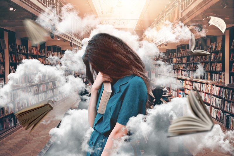 girl, library, photography, hd, 4k, photoshop, clouds