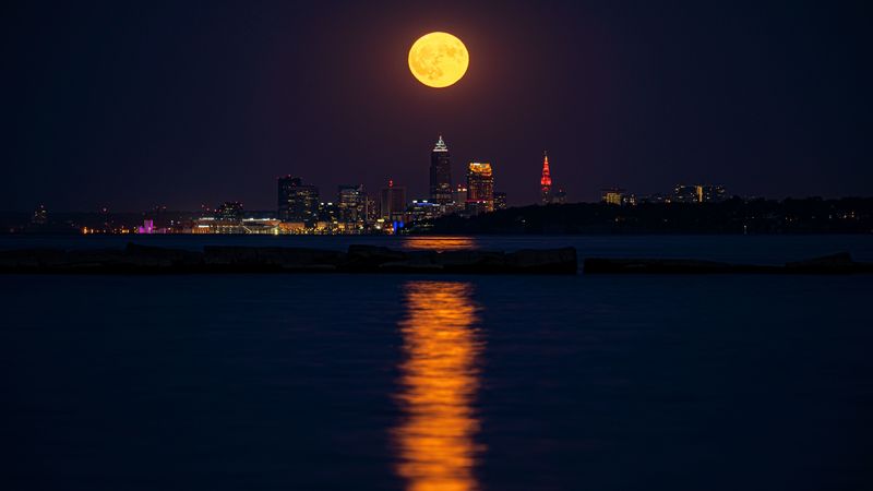city, night, moon, buildings, water, reflection, 4k
