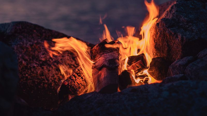 bonfire, fire, flame, stones, firewood, 4k