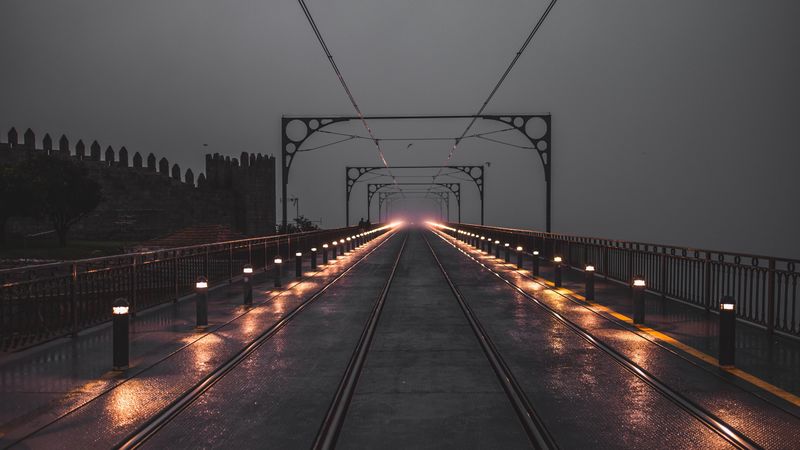 rails, railroad, lights, wet, backlight, 4k