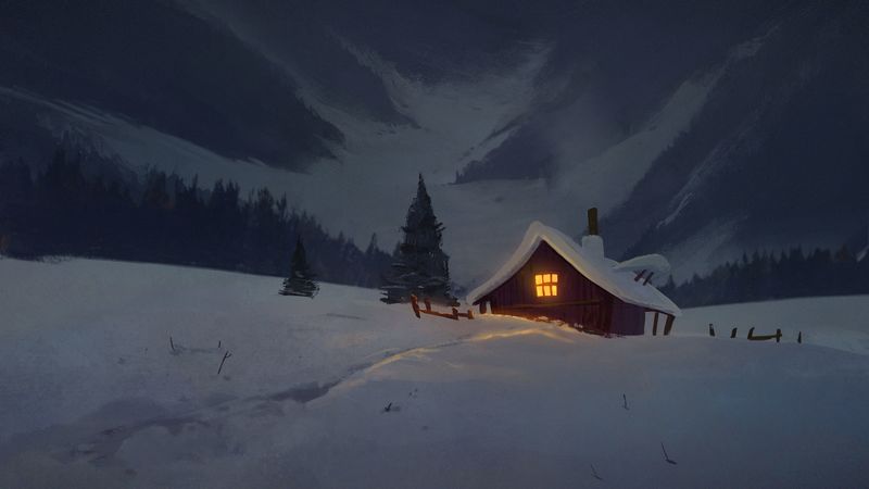 house, hut, night, snow, art, 4k