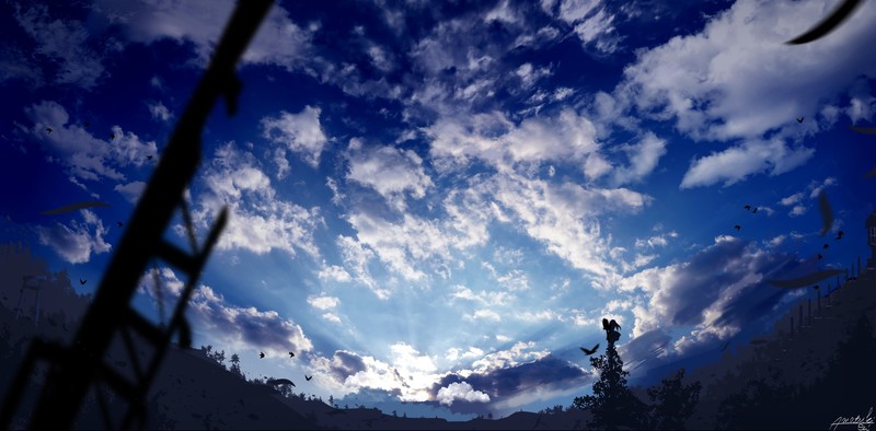 anime girl, anime, artist, artwork, digital art, hd, 4k, clouds, sky, birds
