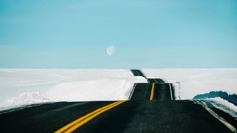 road, snow, landscape, hilly, winding, 4k