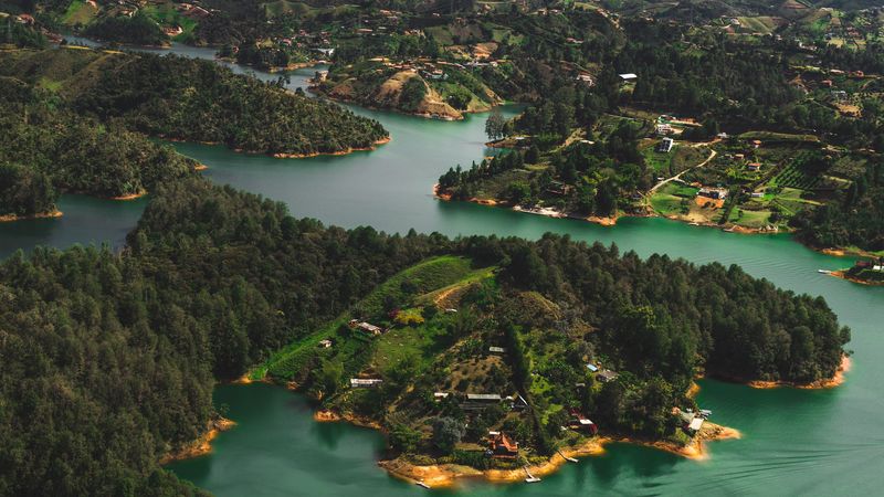 islands, water, aerial view, buildings, forest, coast, 4k