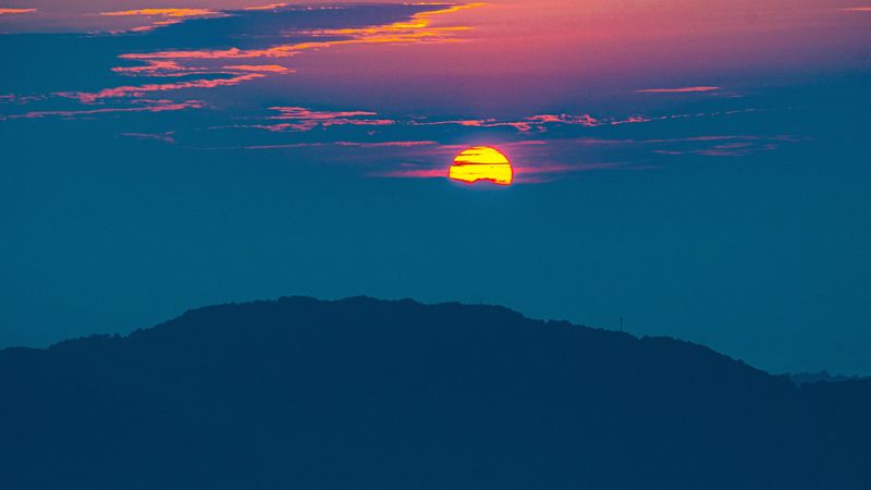 sunset, mountains, hills, clouds, dusk, 4k