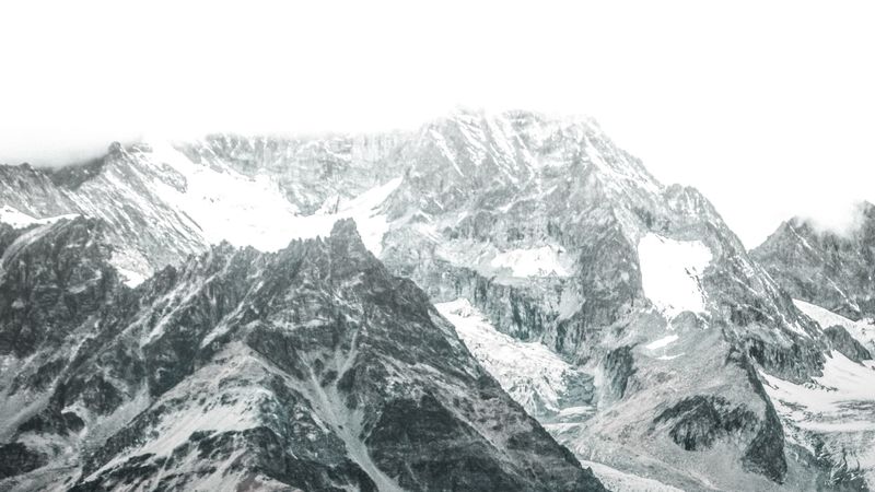 mountains, peaks, snowy, aerial view, landscape, 4k