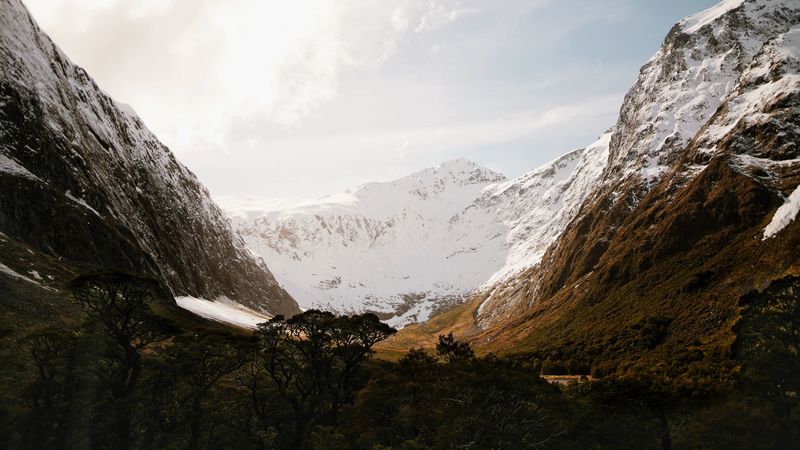 mountains, valley, landscape, peaks, snowy, 4k