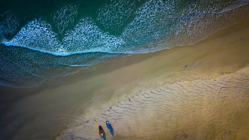 boats, beach, sea, aerial view, 4k