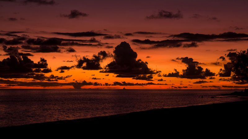 sunset, clouds, sea, beach, horizon, 4k