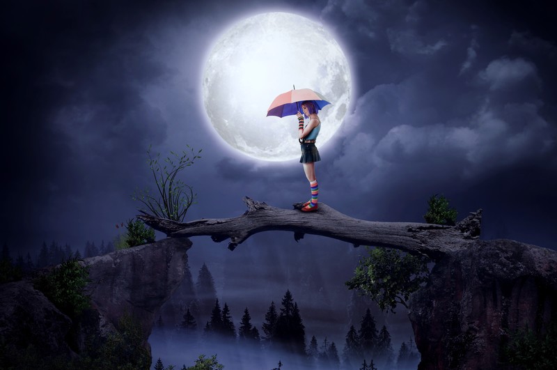 girl, moon, artist, artwork, digital art, hd, 4k, 5k, deviantart, umbrella