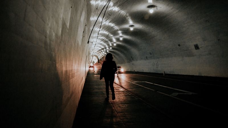 tunnel, silhouette, dark, backlight, light, 4k