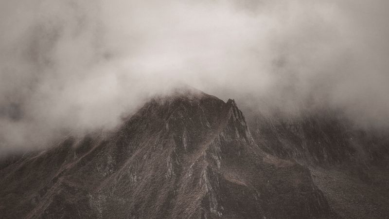 mountains, clouds, fog, peak, nature, 4k