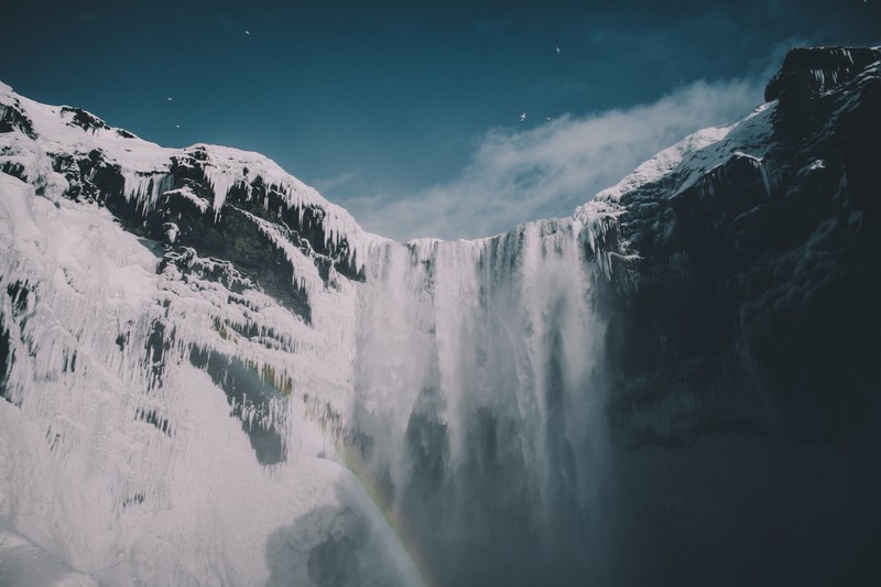 mountains, snow, waterfall, sky, nature, hd, 4k, 5k