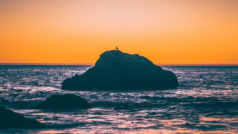 sea, rocks, sunset, dusk, waves, 4k