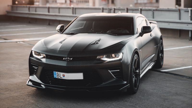 chevrolet camaro, chevrolet, car, black, front view, parking, 4k